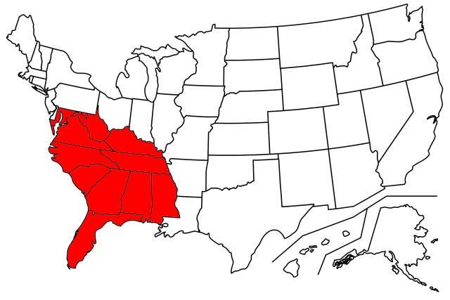 马里兰州高亮地图, 西维吉尼亚州, 维吉尼亚州, 肯塔基州, 田纳西州, 北卡罗莱纳, 南卡罗来纳, 密西西比州, 阿拉巴马州, 乔治亚州, 和佛罗里达
